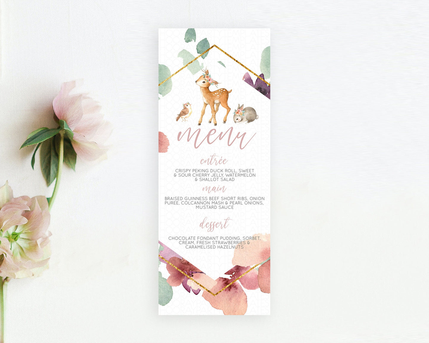 Fawn Menu Deer Menu Template Pastel Floral Deer Table Decor Enchanted Forest Butterfly Floral Dinner Dessert Menu Party Food Menu D10913