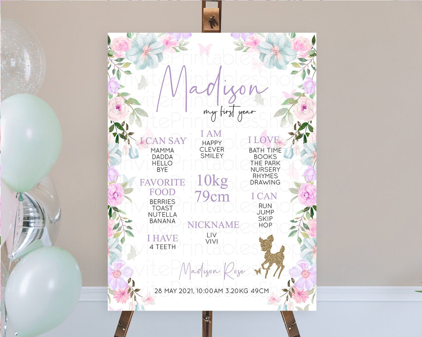 Fawn First Birthday Milestone Board Deer First Birthday Milestone Poster Enchanted Forest Butterfly Pastel Flowers 1st Birthday Sign D10476