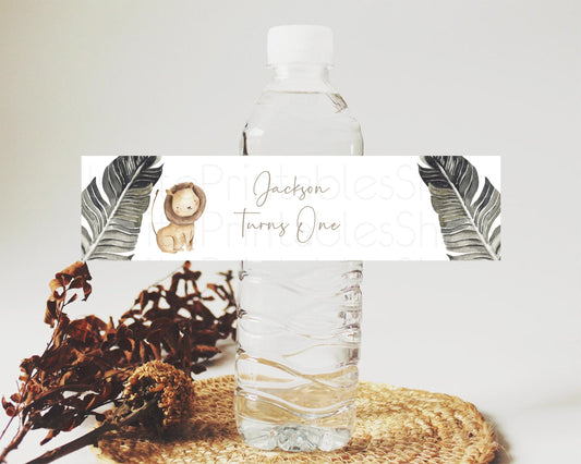 Lion Water Label Template Lion Safari Adventure Party Decor Dried Palm Ferns Zoo Birthday Baptism Baby Shower Bridal Shower Wedding D10599