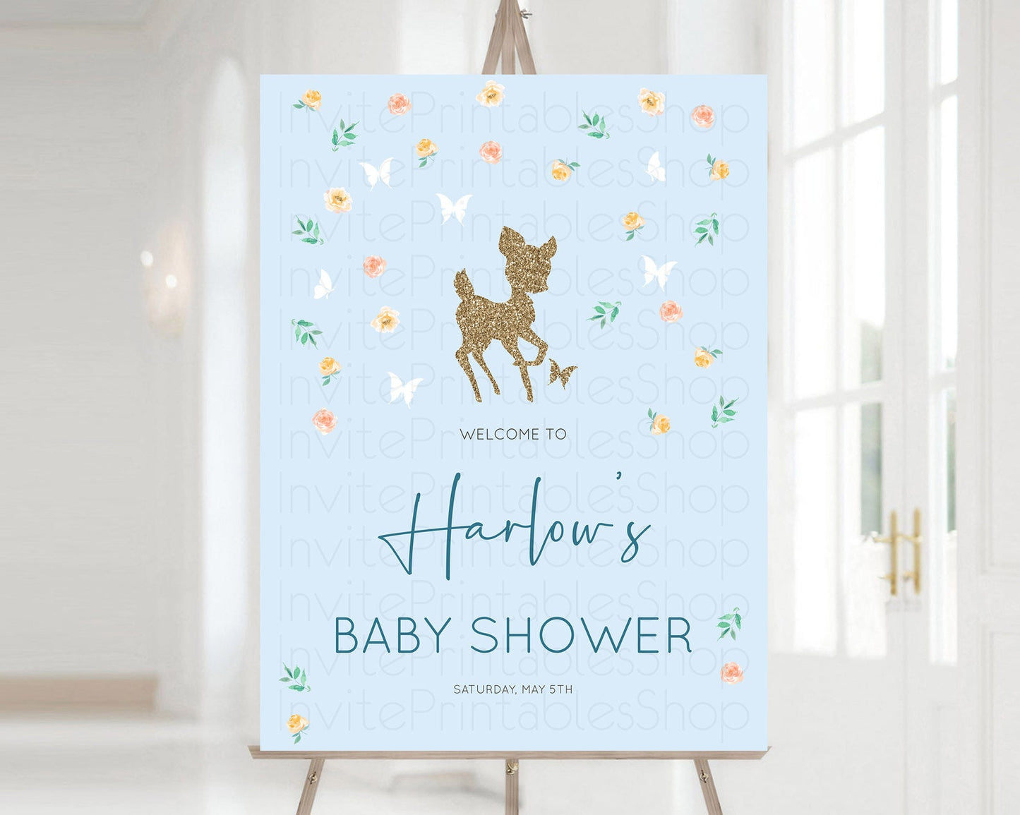 Fawn Baby Shower Welcome Sign Deer Welcome Board Floral Deer Welcome Poster Enchanted Forest Butterfly Pastel Floral Welcome Sign D10902