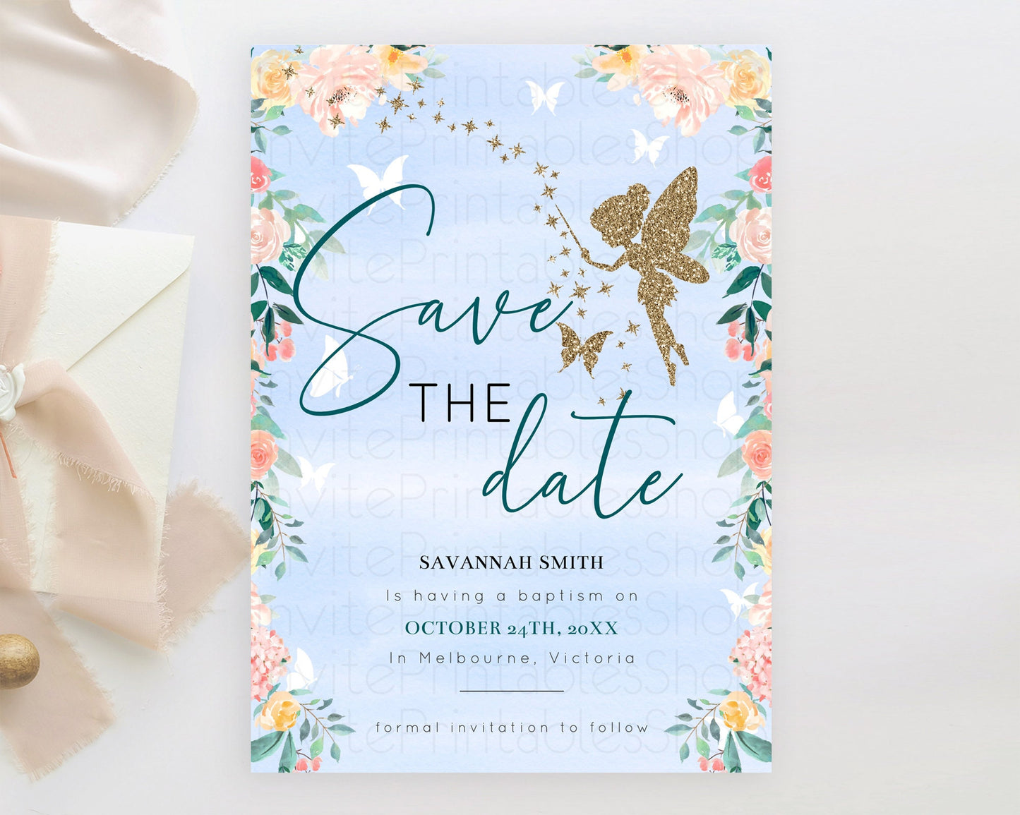 Fairy Save The Date Template Enchanted Garden Pastel Floral Butterfly Party Secret Garden Birthday Baptism Baby Shower Bridal Shower D10794