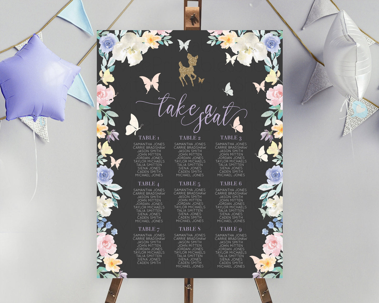 Fawn Seating Chart Deer Seating Chart Enchanted Forest Party Butterfly Pastel Flowers Whimsical Seating Chart Woodland Seating Sign D10323