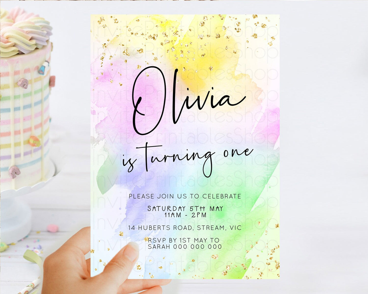 Pastel Birthday Invitation Ombre Watercolor Birthday Invitation Glitter Rainbow Color Splash 1st 2nd 3rd Birthday Invitation D23074