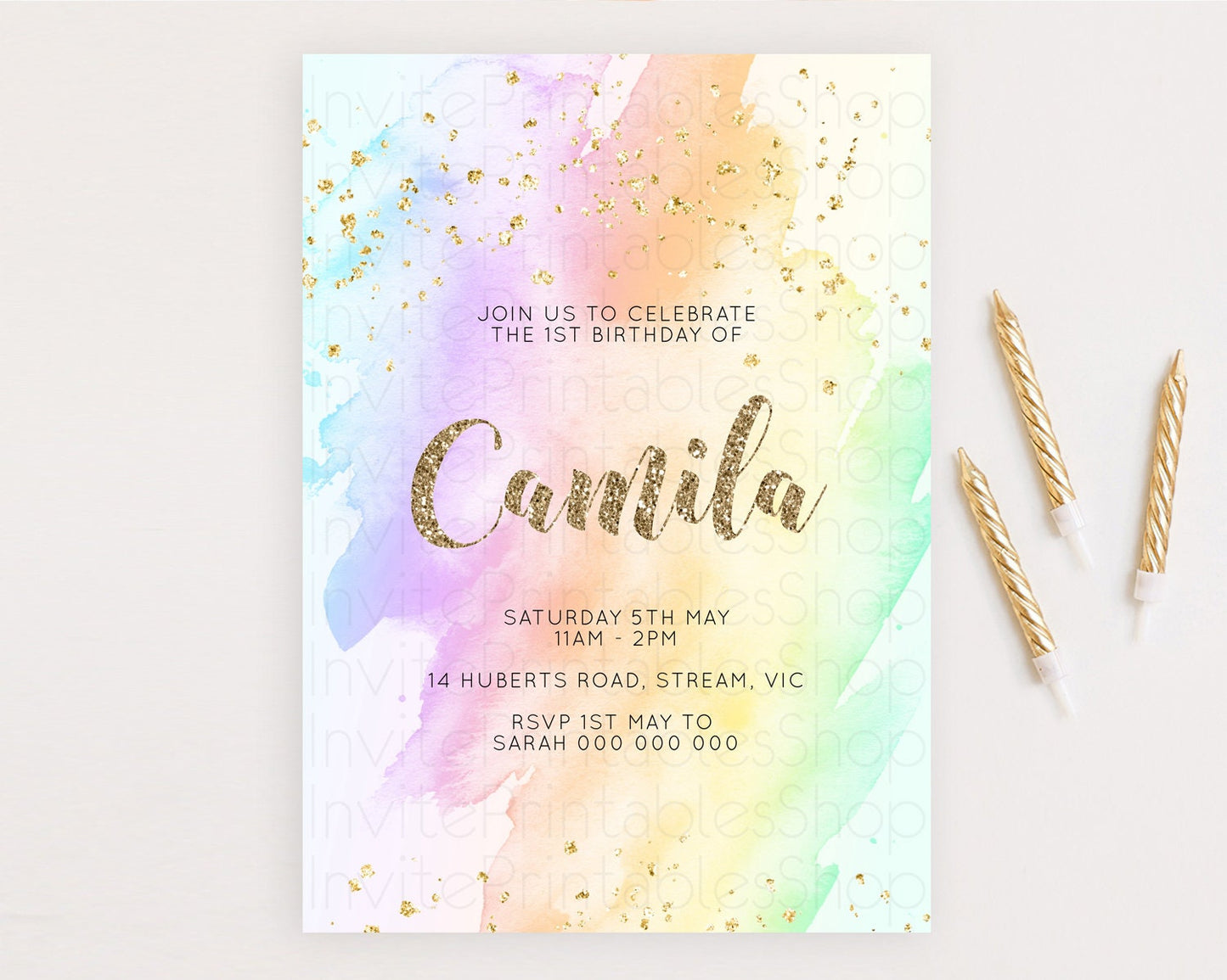 Rainbow Birthday Invitation Colorful Pastel Watercolor Invitation Gold Glitter Sprinkles Ombre Pastel 1st 2nd 3rd Birthday D10643