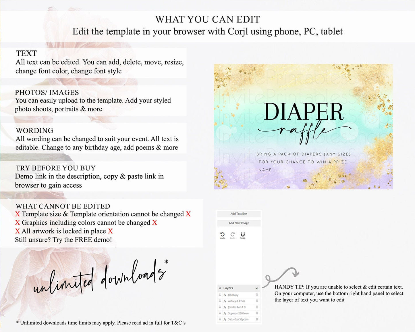 Pastel Diaper Raffle Card Pastel Rainbow Diaper Raffle Insert Colorful Ombre Watercolor Diaper Ticket Confetti Glitter Raffle Game D10672