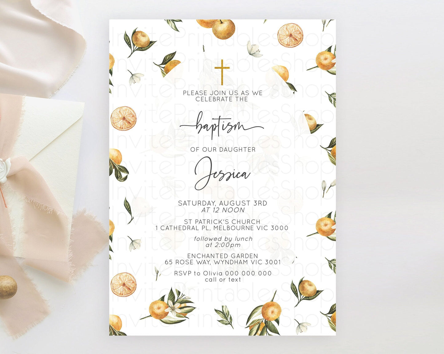 Citrus Baptism Invitation Lemon Orange Baptism 1st Birthday Invitation Citrus Garden Christening Invitation Citrus Floral Religious D10545