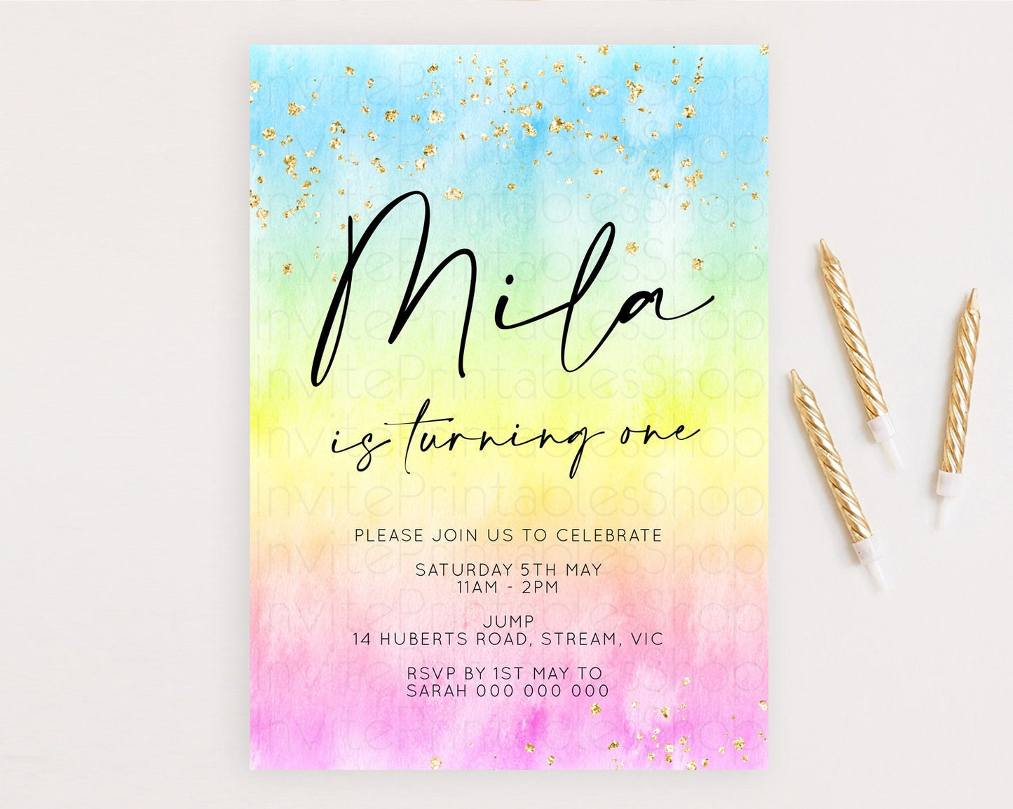 Rainbow Birthday Invitation Colorful Pastel Watercolor Invitation Gold Glitter Sprinkles Ombre Pastel 1st 2nd 3rd Birthday D10483