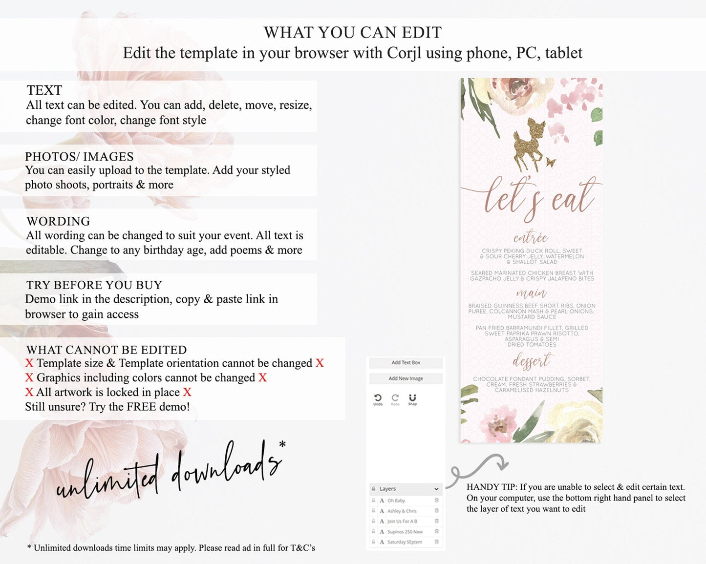 Fawn Menu Deer Menu Template Pastel Floral Deer Table Decor Enchanted Forest Butterfly Floral Dinner Dessert Menu Party Food Menu D10193
