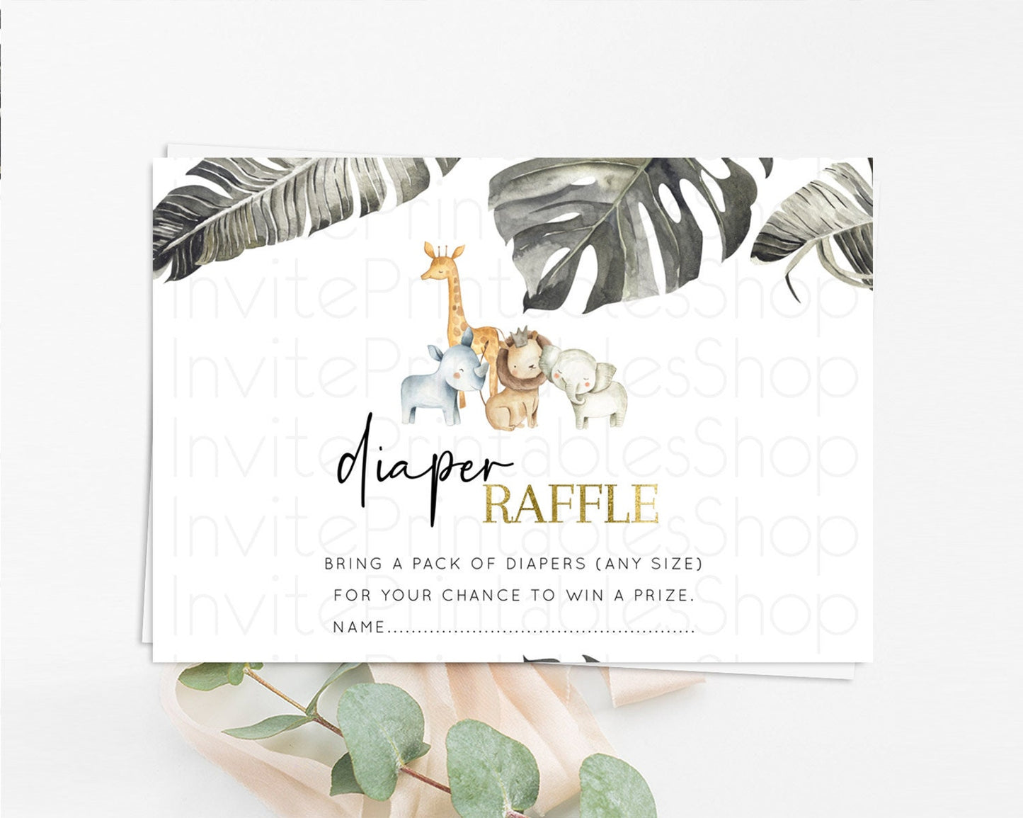 Safari Diaper Raffle Card Safari Diaper Raffle Insert Lion Gorilla Elephant Rhino Diaper Ticket Tropical Palm Zoo Raffle Game D10599