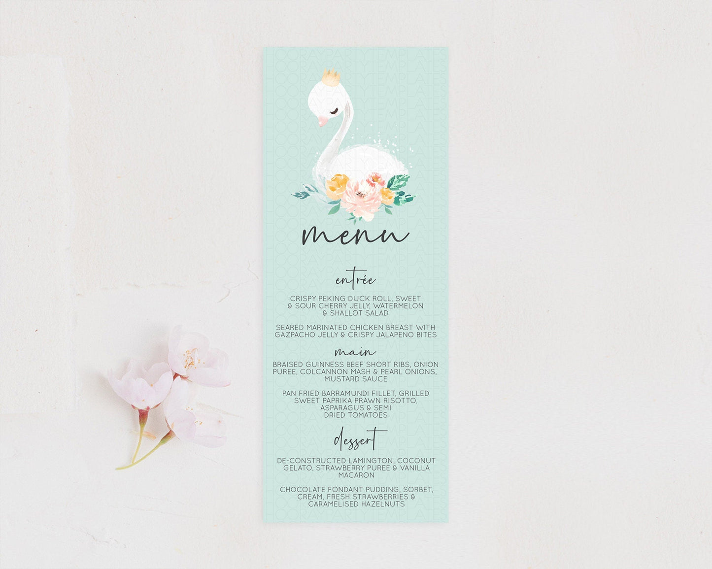 Swan Menu Swan Princess Ballet Menu Template Enchanted Swan Lake Table Decor Secret Garden Pastel Floral Dinner Dessert Food Menu D10905