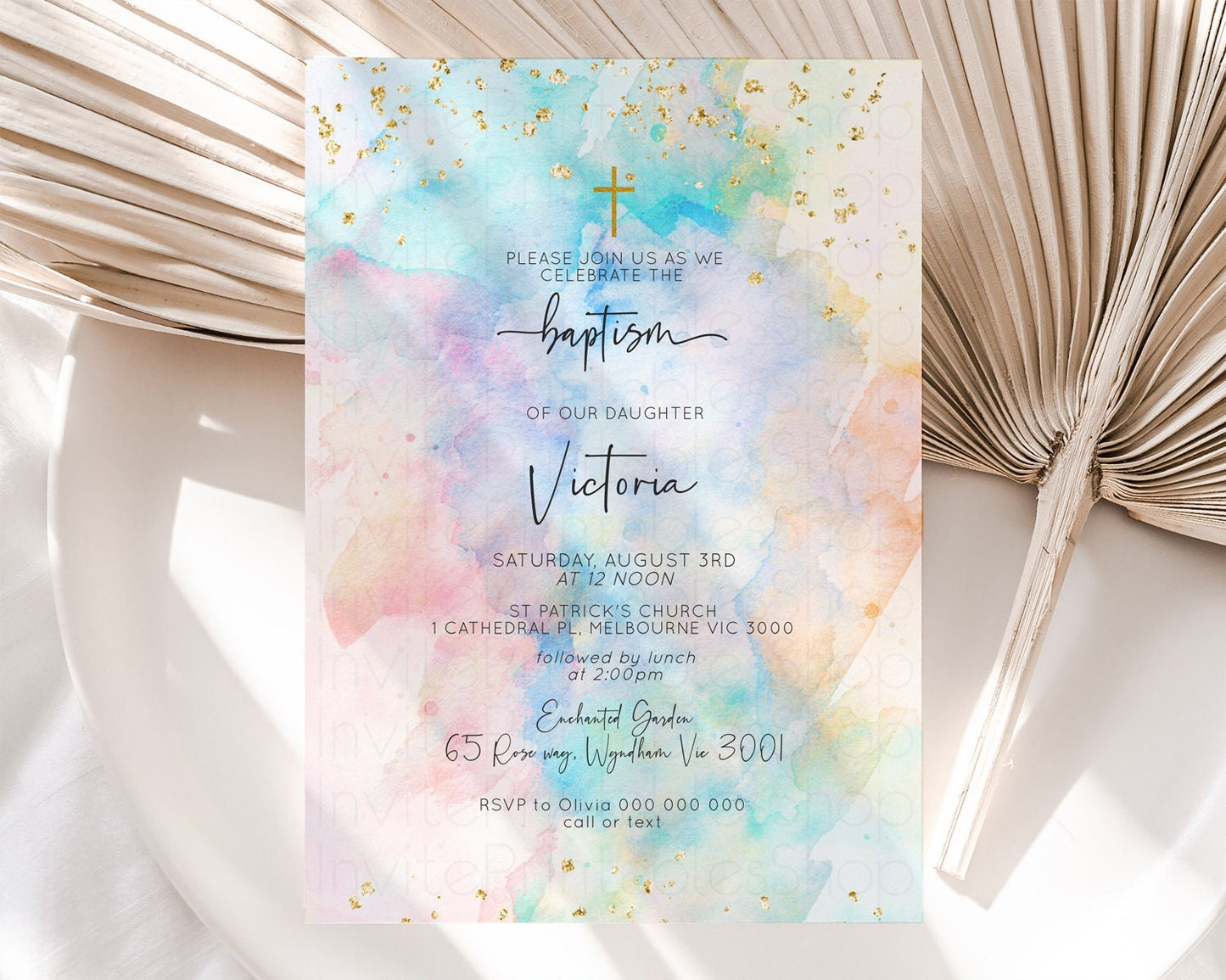 Rainbow Baptism invitation Pastel Rainbow Christening Invite Ombre Watercolor Invite Gold Glitter Sprinkle Splash Cross Religious 276v3