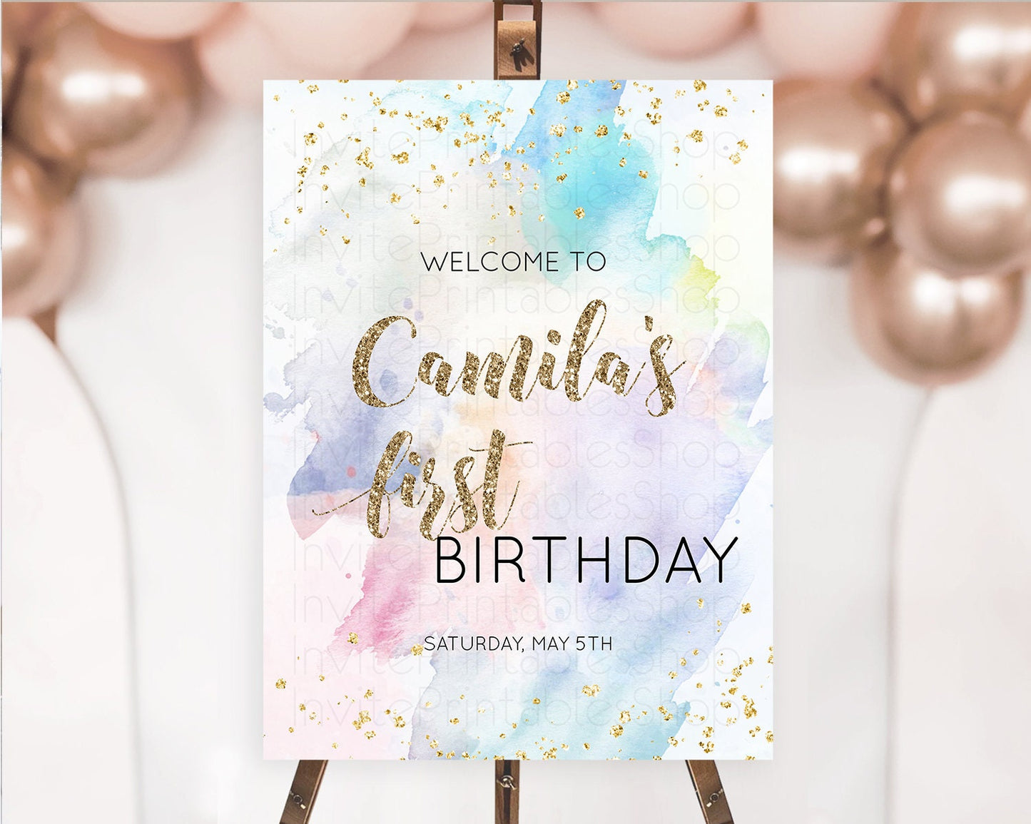 Pastel Welcome Sign Pastel Rainbow Welcome Sign Colorful Rainbow Confetti Watercolor Glitter Pastel First Birthday Welcome Sign D10421