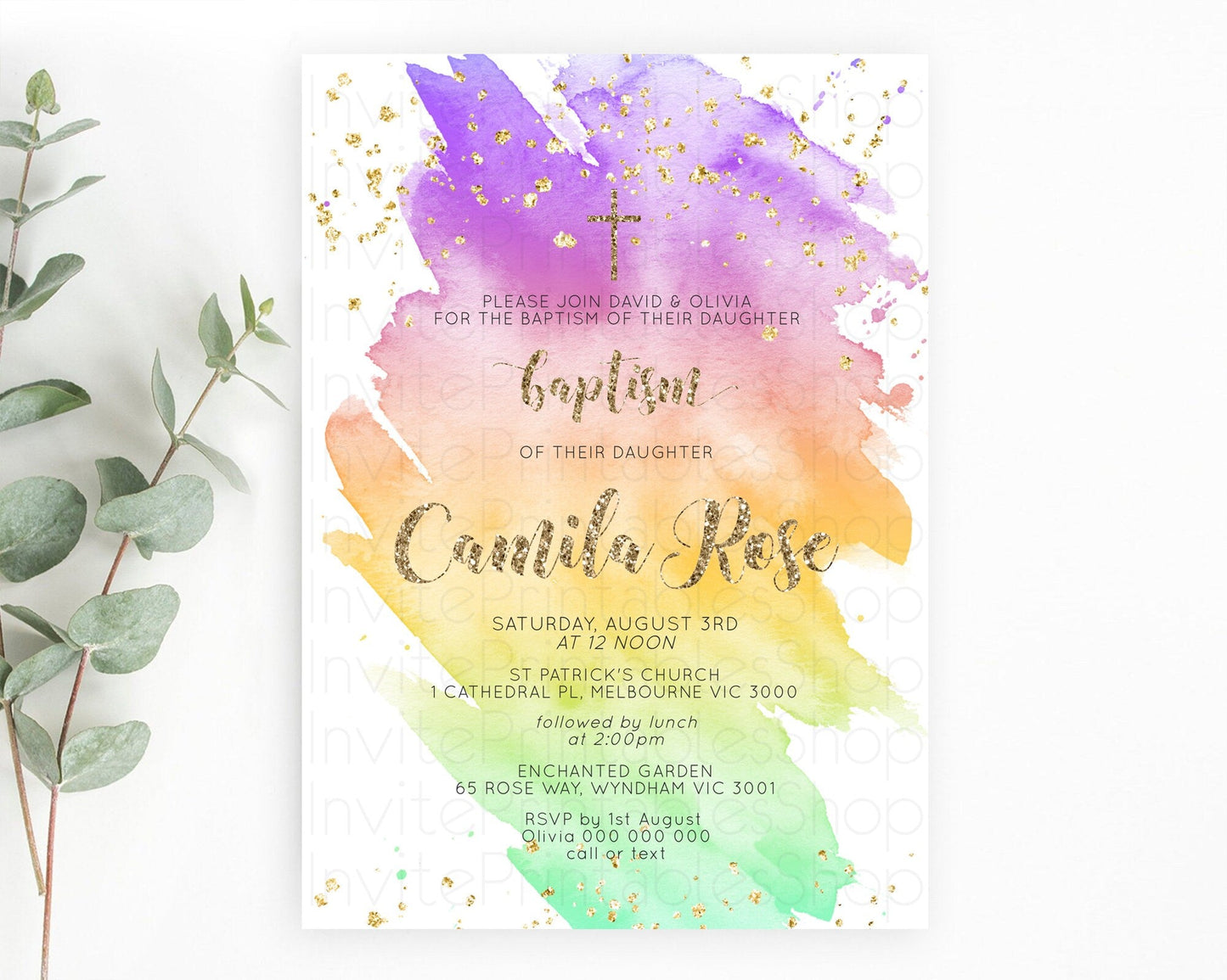 Pastel Baptism Invitation Pastel Colors Watercolor Baptism 1st Birthday Party Gold Ombre Pastel Rainbow Christening Holy Communion D10517