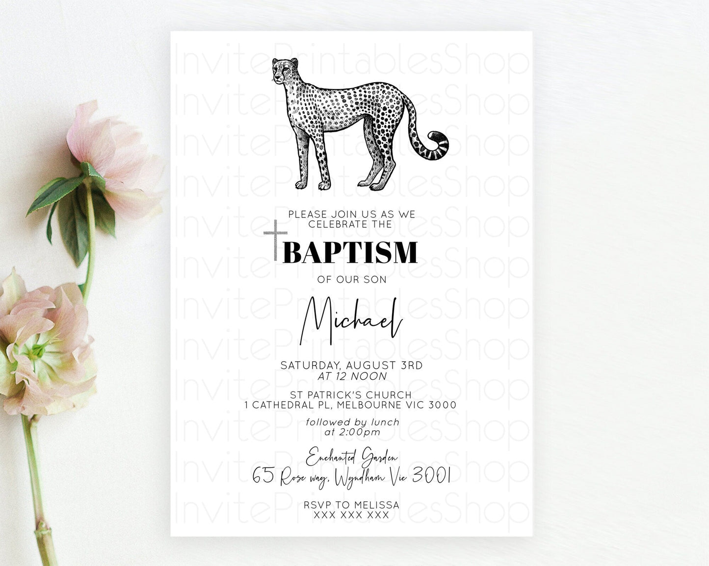 Cheetah Baptism Invitation Cheetah Baptism 1st Birthday Invitation Cheetah Safari Adventure Christening Party Palm Leaf Zoo Cheetah D10290