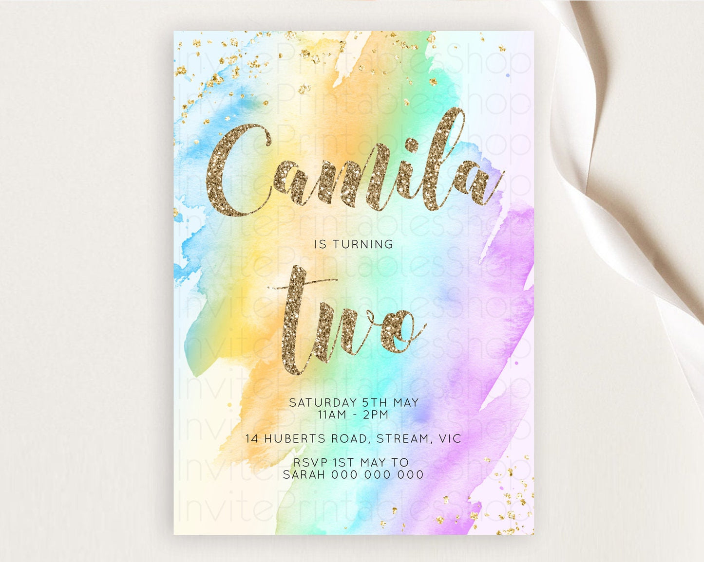 Rainbow Birthday Invitation Colorful Pastel Watercolor Invitation Gold Glitter Sprinkles Ombre Pastel 1st 2nd 3rd Birthday D10426