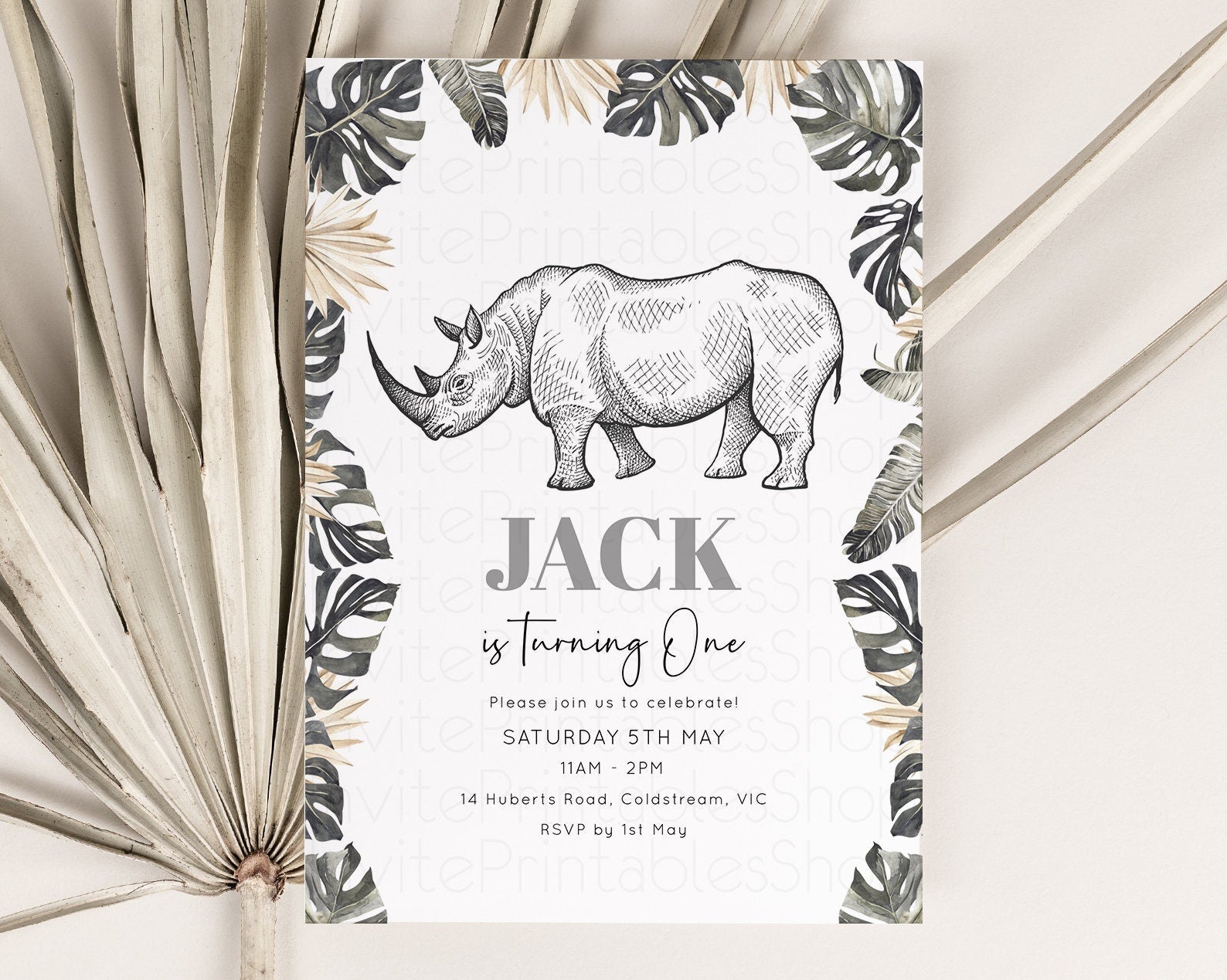 Editable Rhinoceros Birthday Invitation Watercolor Rhino Tropical Palm Jungl