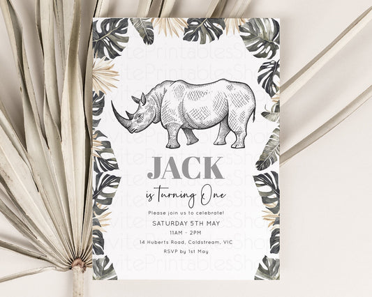 Editable Rhinoceros Birthday Invitation Watercolor Rhino Tropical Palm Jungl