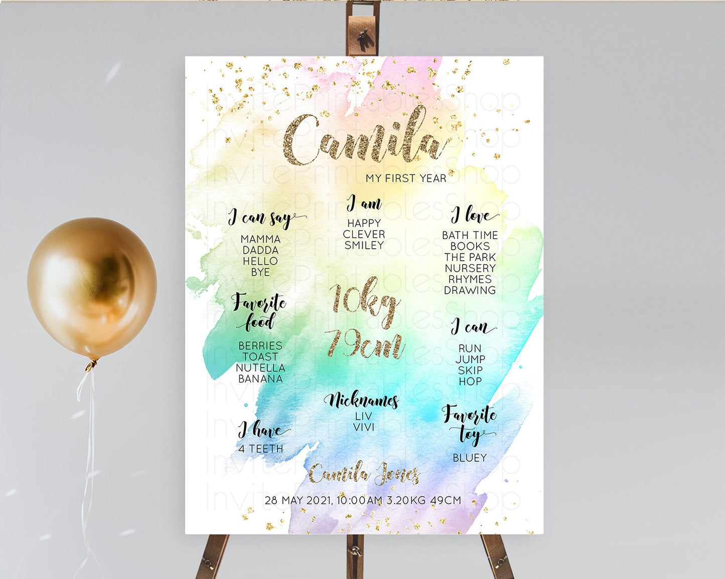 Pastel First Birthday Milestone Board Pastel Rainbow Milestone Poster Colorful Confetti Watercolor Glitter 1st Birthday Welcome Sign D10259