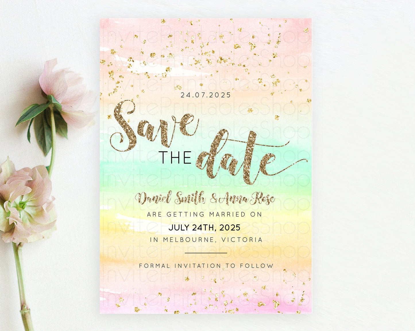 Pastel Save The Date Template Pastel Ombre Rainbow Watercolor Colorful Party For Birthday Baptism Baby Shower Wedding Bridal Shower D10592