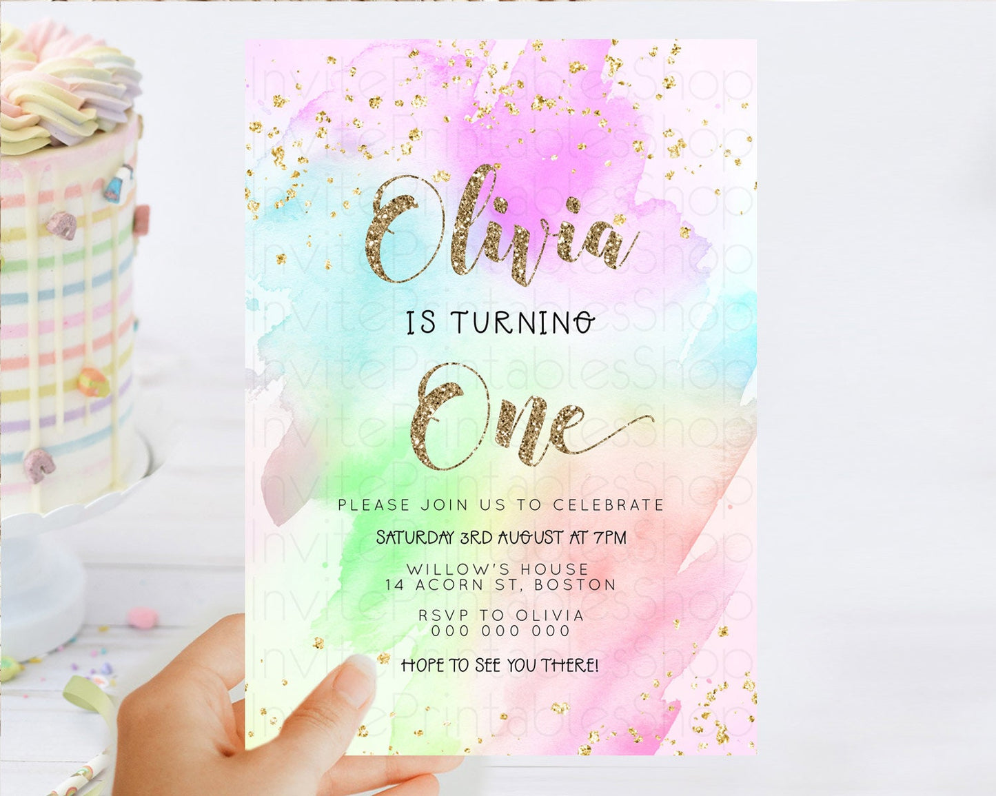 Rainbow Birthday Invitation Colorful Pastel Watercolor Invitation Gold Glitter Sprinkles Ombre Pastel 1st 2nd 3rd Birthday D23303