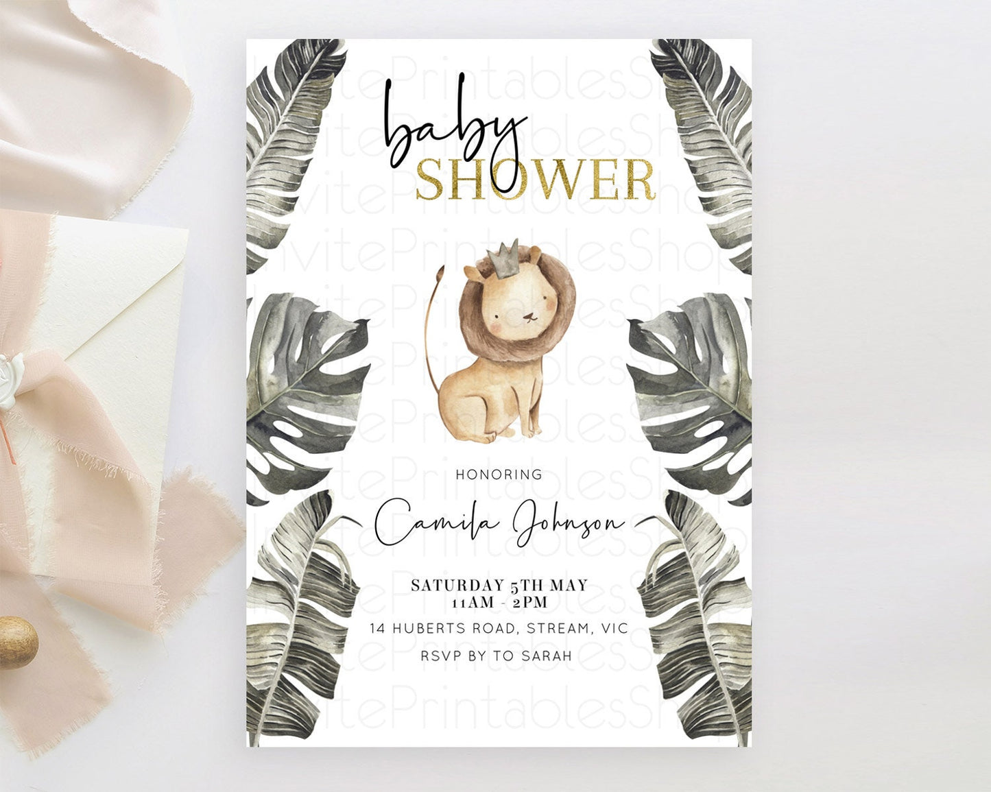 Safari Baby Shower Invitation Baby Lion Gorilla Elephant Rhino Invitation Tropical Palm Jungle Safari Adventure Baby Animals D10599