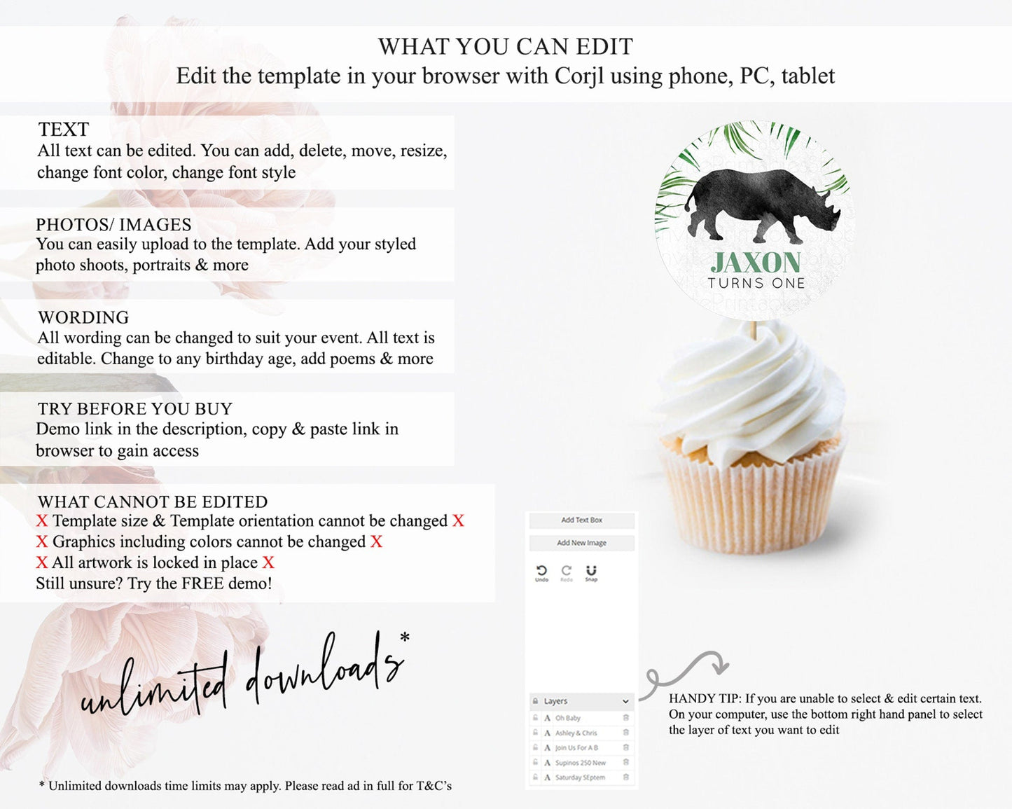 Rhino Cupcake Toppers Rhino Cupcake Rhino Take A Cupcake Toppers Rhino Safari Adventure Decor Zoo Party Rhino Palm Leaf Decor D10843