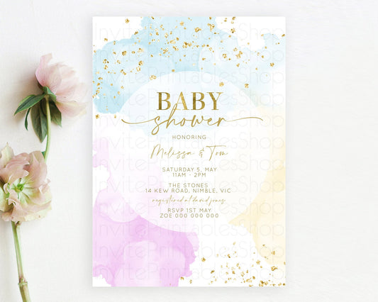 Editable Pastel Rainbow Baby Shower Invitation, Colorful Watercolor with Gol