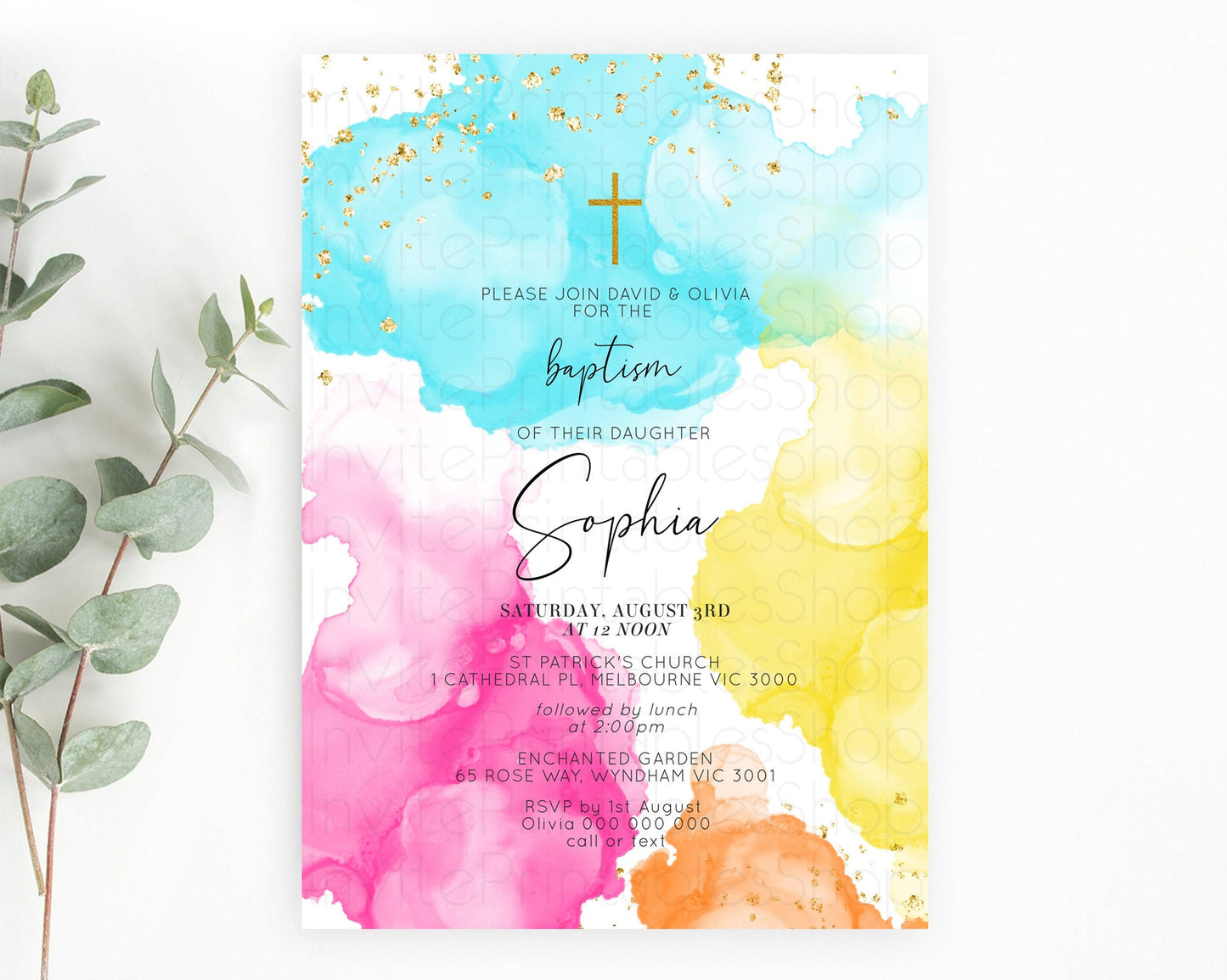 Pastel Baptism Invitation Pastel Colors Watercolor Baptism 1st Birthday Party Gold Ombre Pastel Rainbow Christening Holy Communion D10898