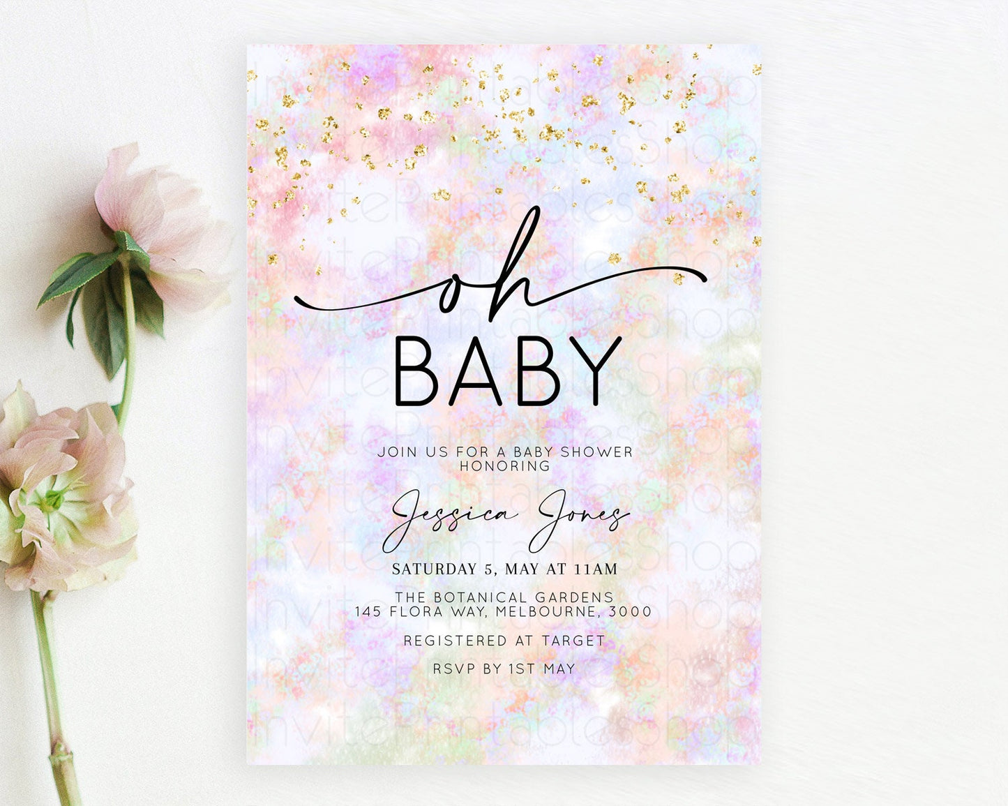 Pastel Baby Shower Invitation Rainbow Baby Shower Invitation Colorful Pastel Watercolor Invitation Gold Glitter Sprinkles Ombre D10649