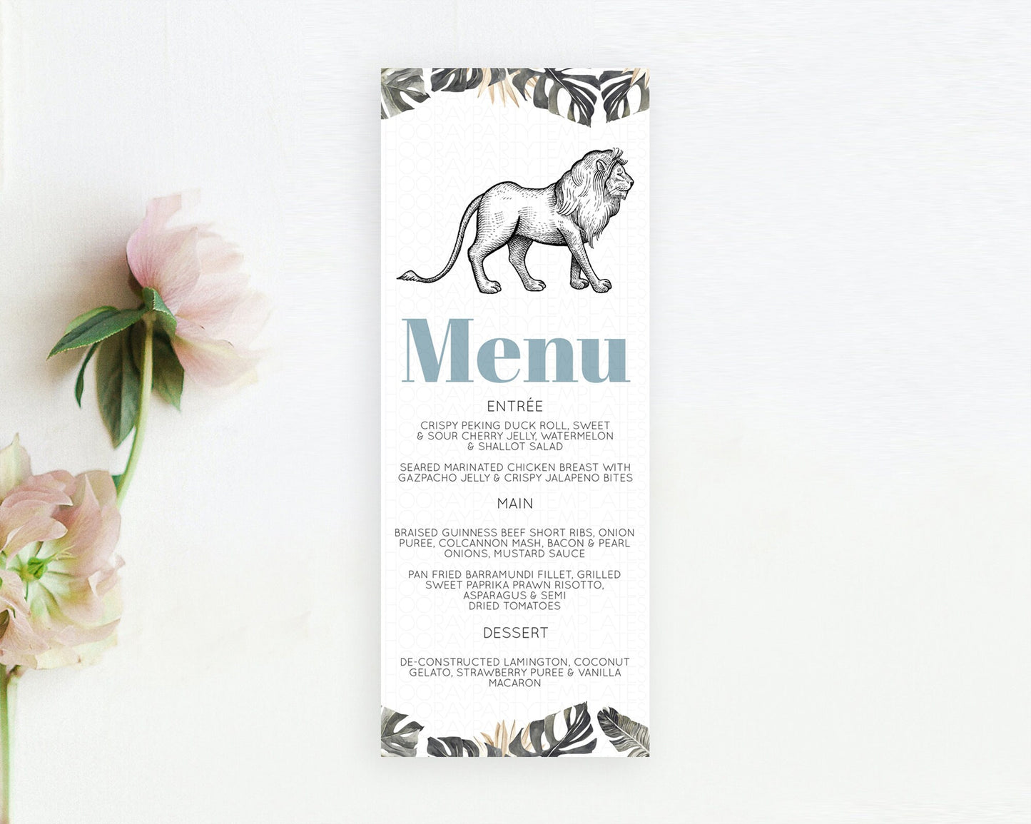 Lion Menu Lion Menu Template Lion Party Table Decor Safari Adventure Lion Menu Dried Palm Fern Lion Dinner Dessert Party Food Menu D10807