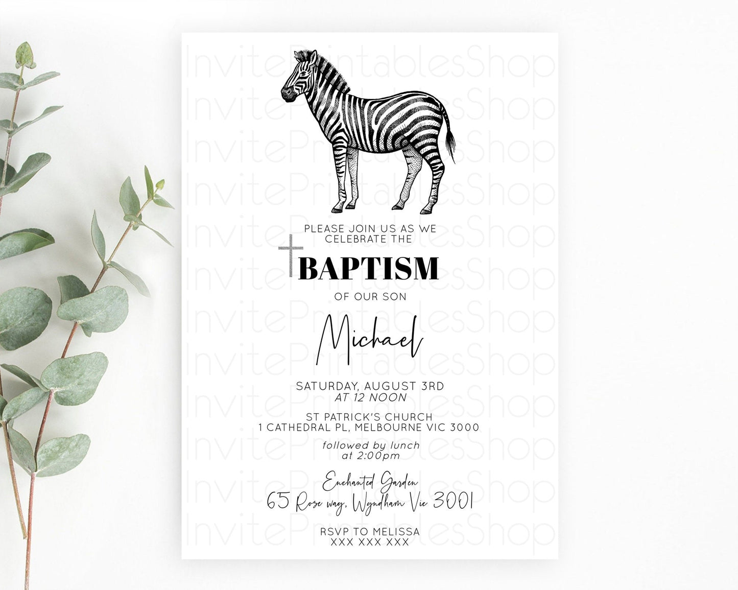 Zebra Baptism Invitation Zebra Baptism 1st Birthday Invitation Jungle Safari Christening Invite Watercolor Tropical Zoo Adventure D10249