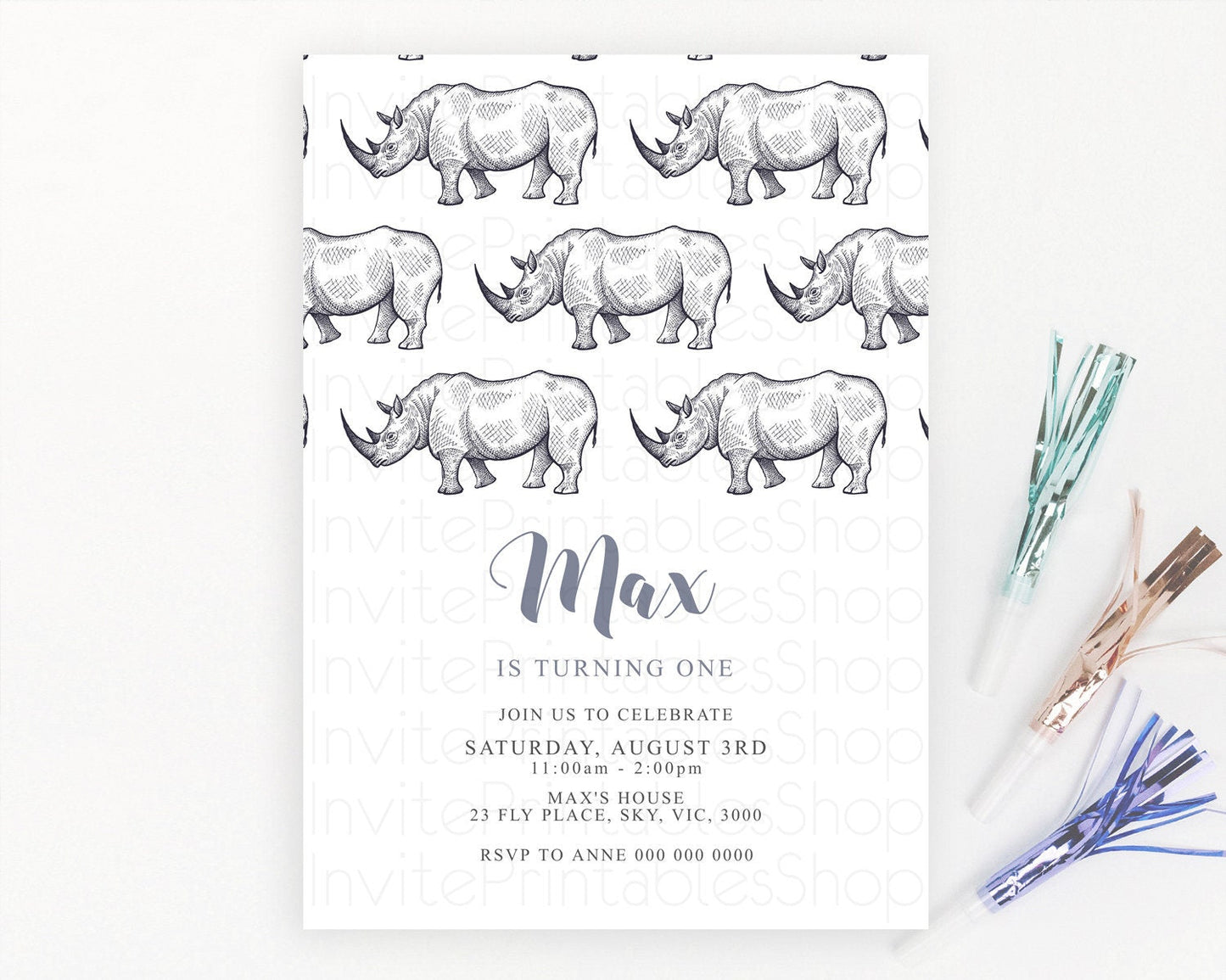 Rhino Birthday Invitation Rhino Invitation Rhino Birthday Rhino Safari Adventure Invite Rhino Palm Leaf Invite Zoo Party D10253