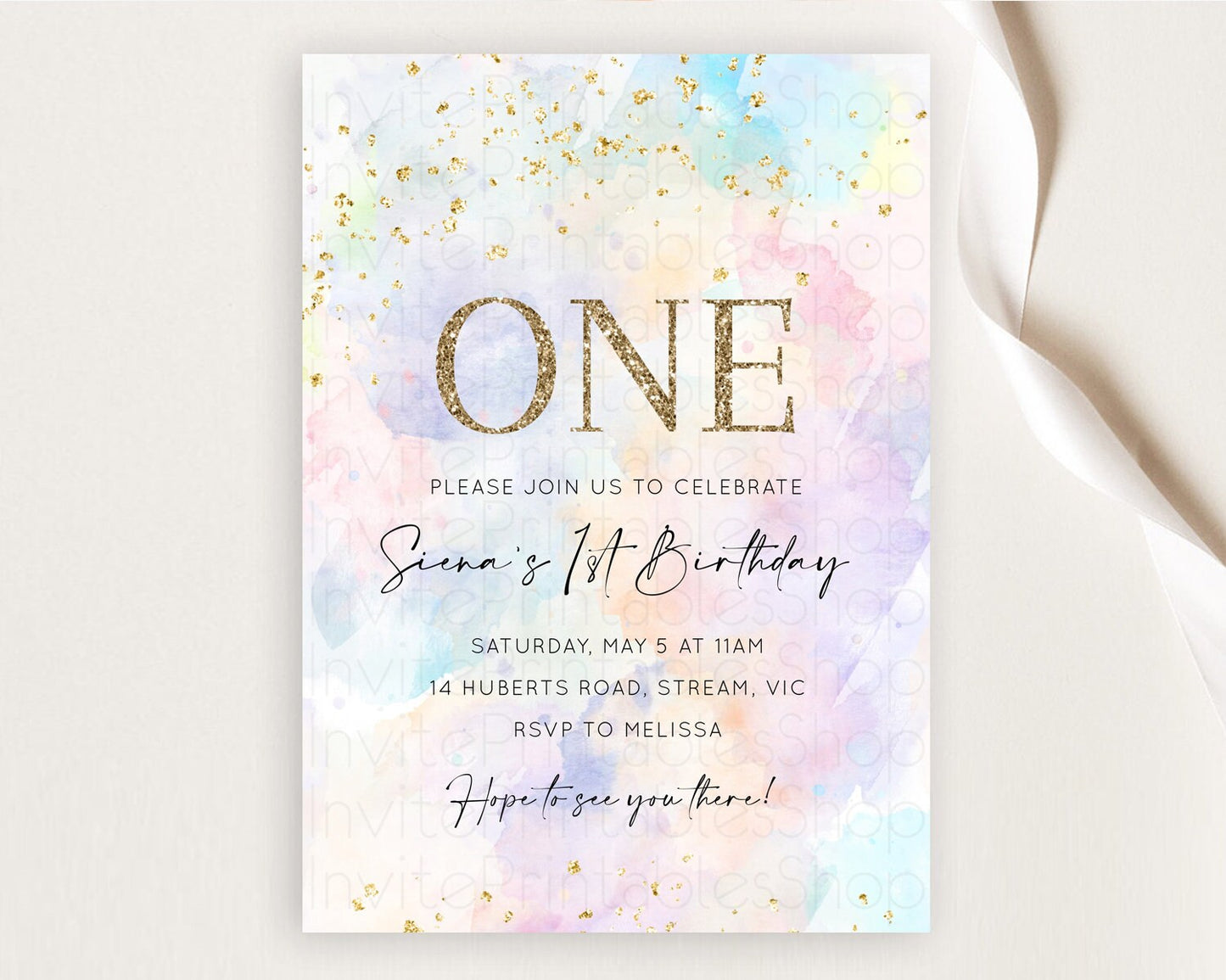 Rainbow Birthday Invitation Colorful Pastel Watercolor Invitation Gold Glitter Sprinkles Ombre Pastel 1st 2nd 3rd Birthday D10605