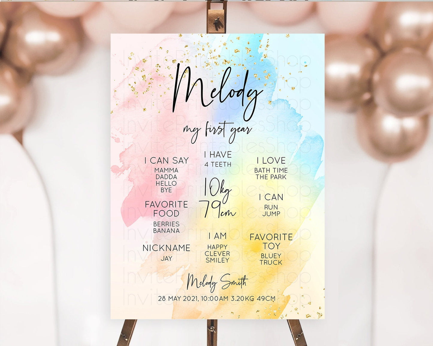Pastel First Birthday Milestone Board Pastel Rainbow Milestone Poster Colorful Confetti Watercolor Glitter 1st Birthday Welcome Sign D10557