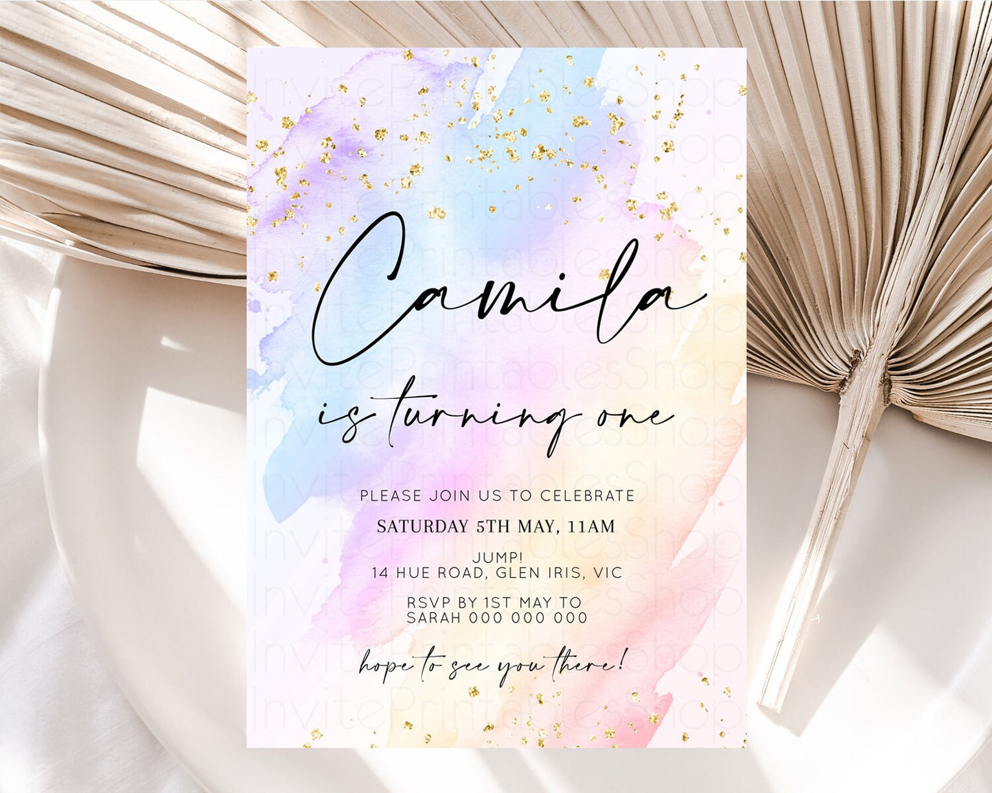 Rainbow Birthday Invitation Glitter Pastel Invitation Colorful Watercolor Gold Foil Splatter Sprinkle Ombre 1st 2nd 3rd Birthday Invite t600