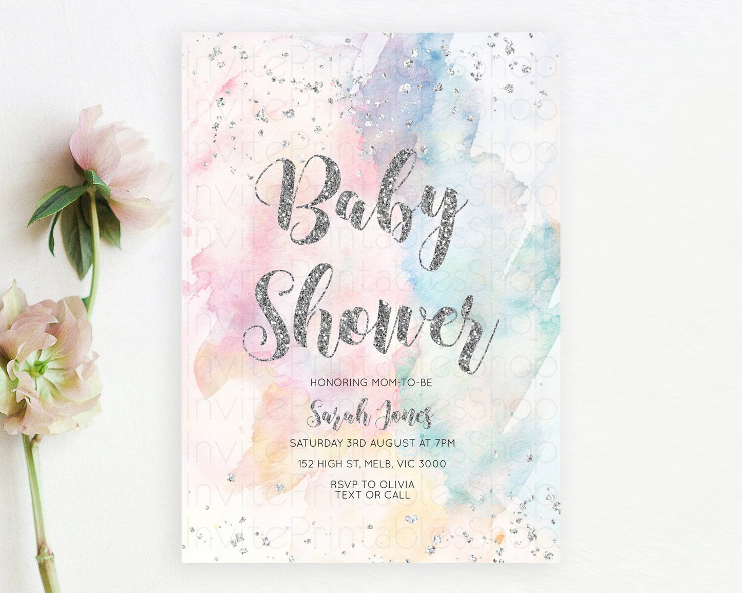 Pastel Baby Shower Invitation Pastel Rainbow Baby Invitation Pastel Watercolor Invitation Colorful Ombre Silver Glitter Sprinkle D10944