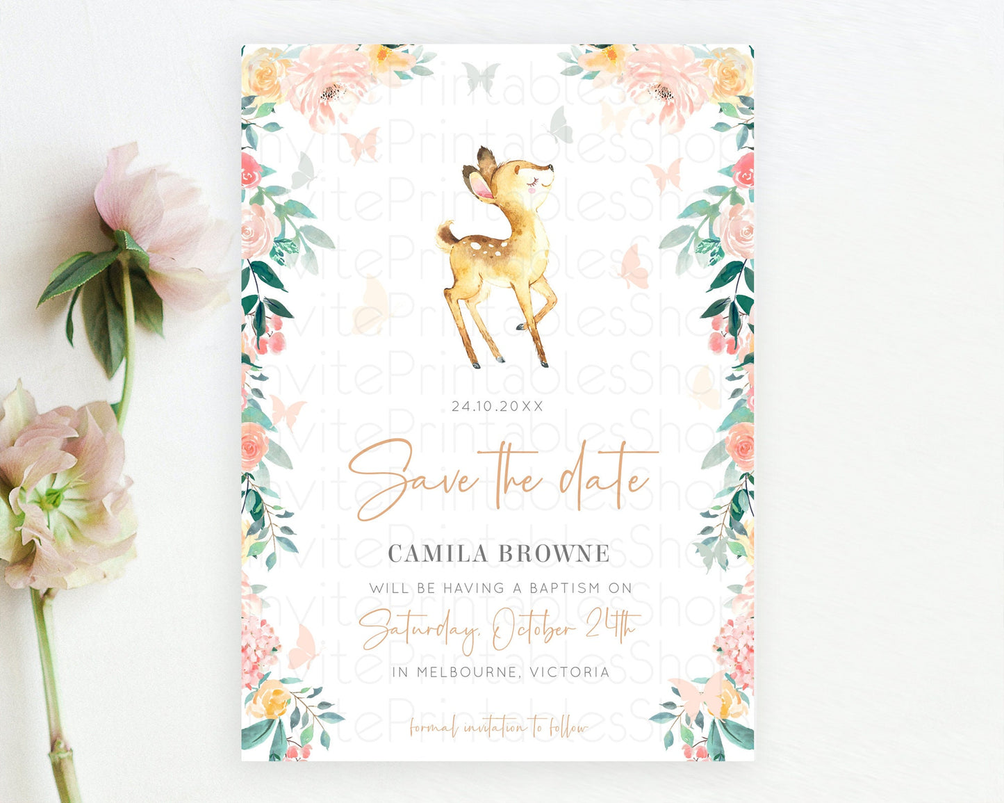 Fawn Deer Save The Date Template Pastel Floral Deer Enchanted Forest Butterfly Party 1st Birthday Baptism Baby Shower Bridal Shower D10753