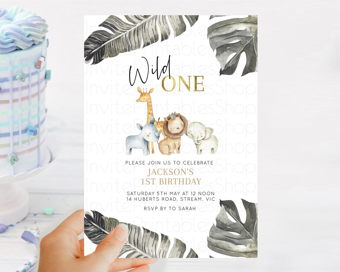 Safari Birthday Invitation Lion Gorilla Elephant Rhino Tropical Palm Jungle Safari Adventure Zoo Party Animal 2nd 1st First Birthday D10599