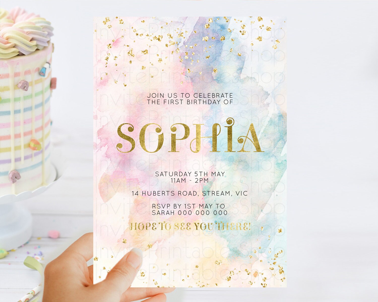 Editable Rainbow Birthday Invitation Colorful Pastel Watercolor Invitation G