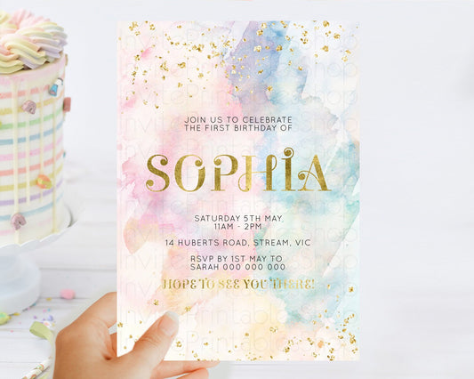 Editable Rainbow Birthday Invitation Colorful Pastel Watercolor Invitation G
