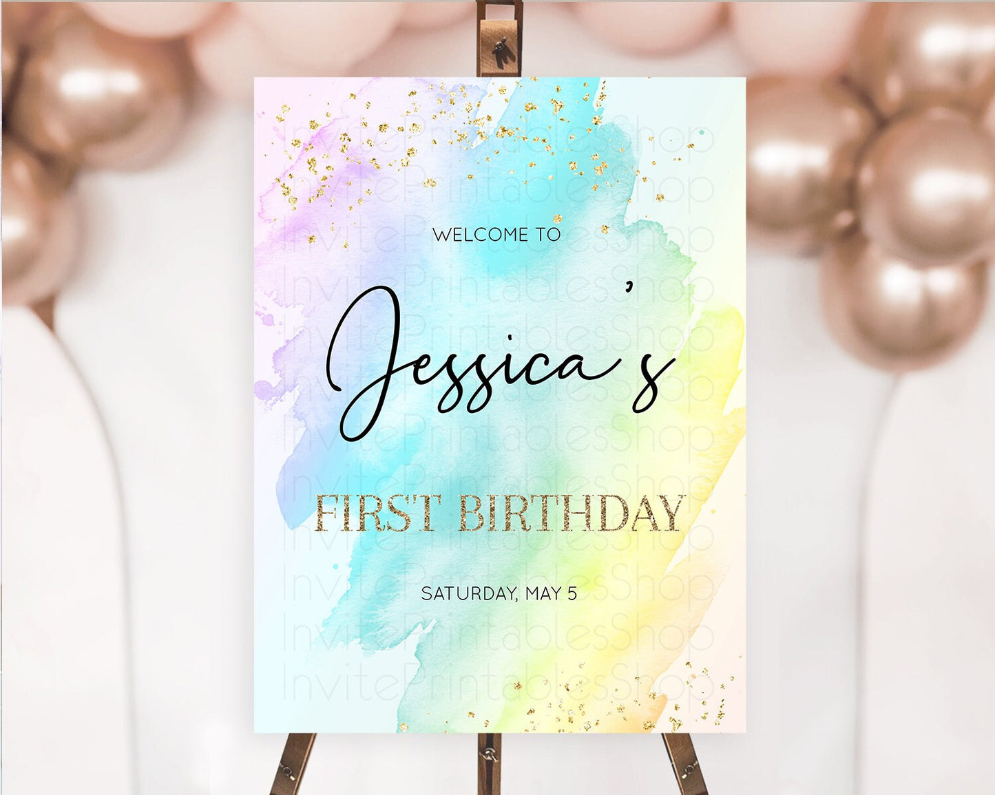 Pastel Welcome Sign Pastel Rainbow Welcome Sign Colorful Rainbow Confetti Watercolor Glitter Pastel First Birthday Welcome Sign D10171