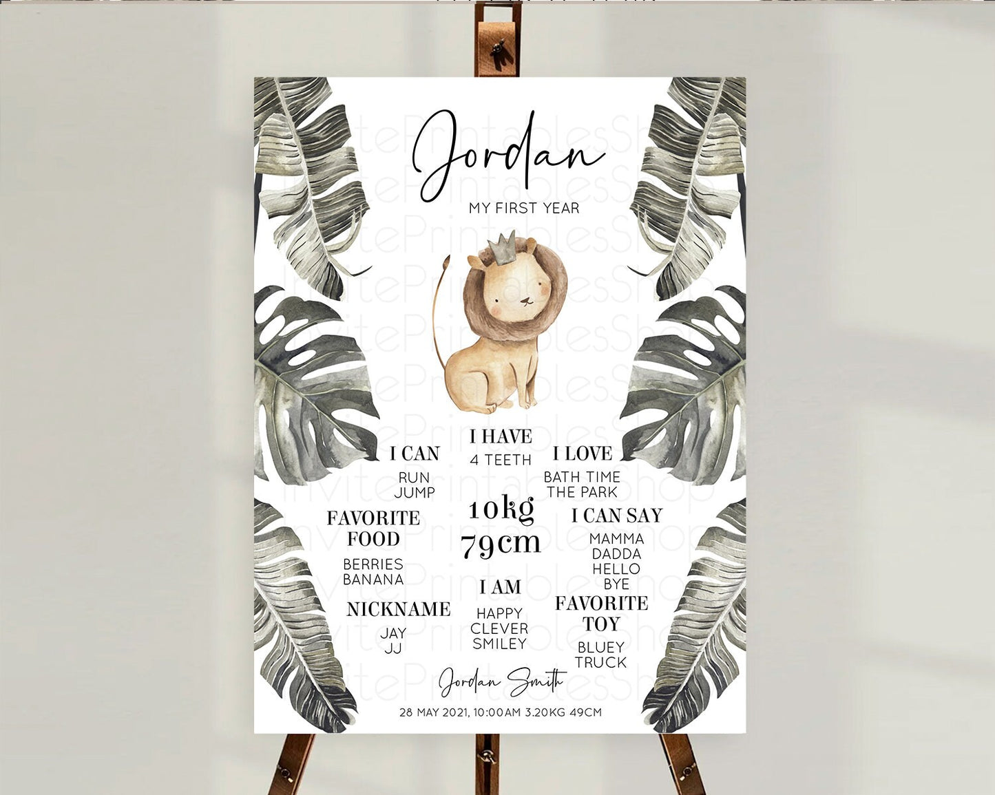 Lion First Birthday Milestone Board Lion Milestone Poster Lion Decor Safari Adventure Palm Leaf Lion First Birthday Welcome Sign D10599