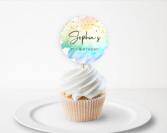 Editable Rainbow Cupcake Toppers Pastel Cupcake Toppers Colorful Pastel Wate