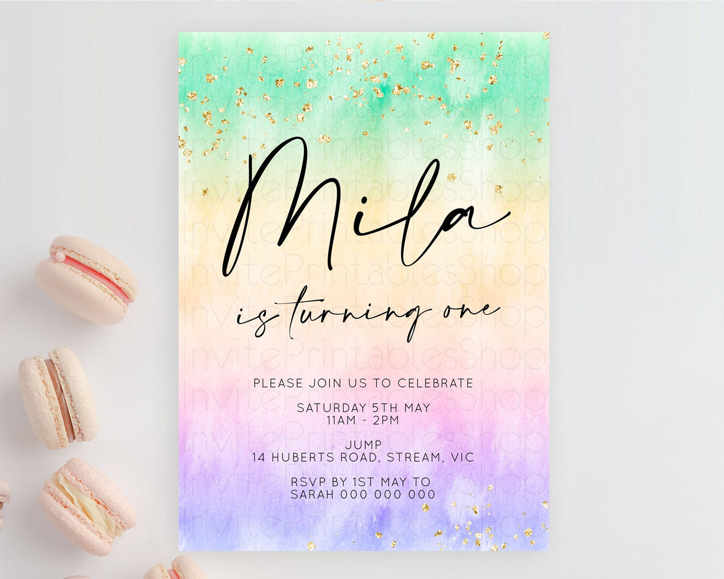 Rainbow Birthday Invitation Colorful Pastel Watercolor Invitation Gold Glitter Sprinkles Ombre Pastel 1st 2nd 3rd Birthday D10481