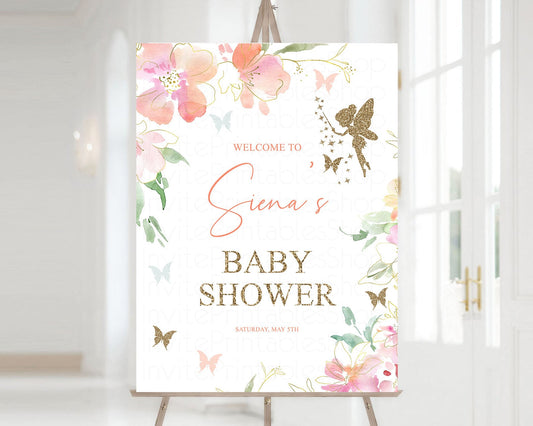 Fairy Baby Shower Welcome Sign Pink Floral Fairy Magic Garden Welcome Board Welcome Poster Keepsake Milestone Watercolor Gold Glitter 91