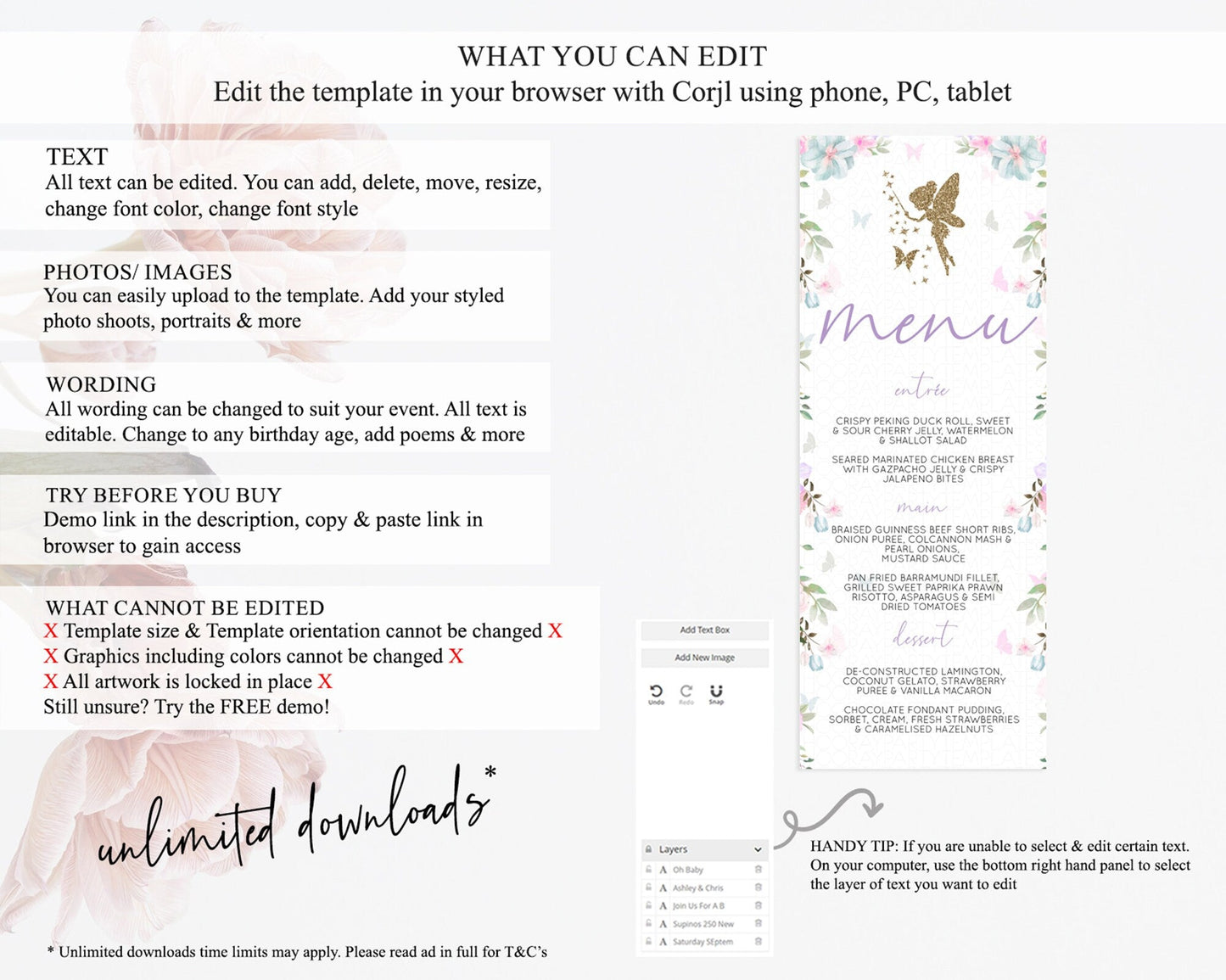 Fairy Menu Fairy Menu Template Enchanted Garden Pastel Floral Butterfly Table Decor Fairy Secret Garden Dinner Dessert Food Menu D10475
