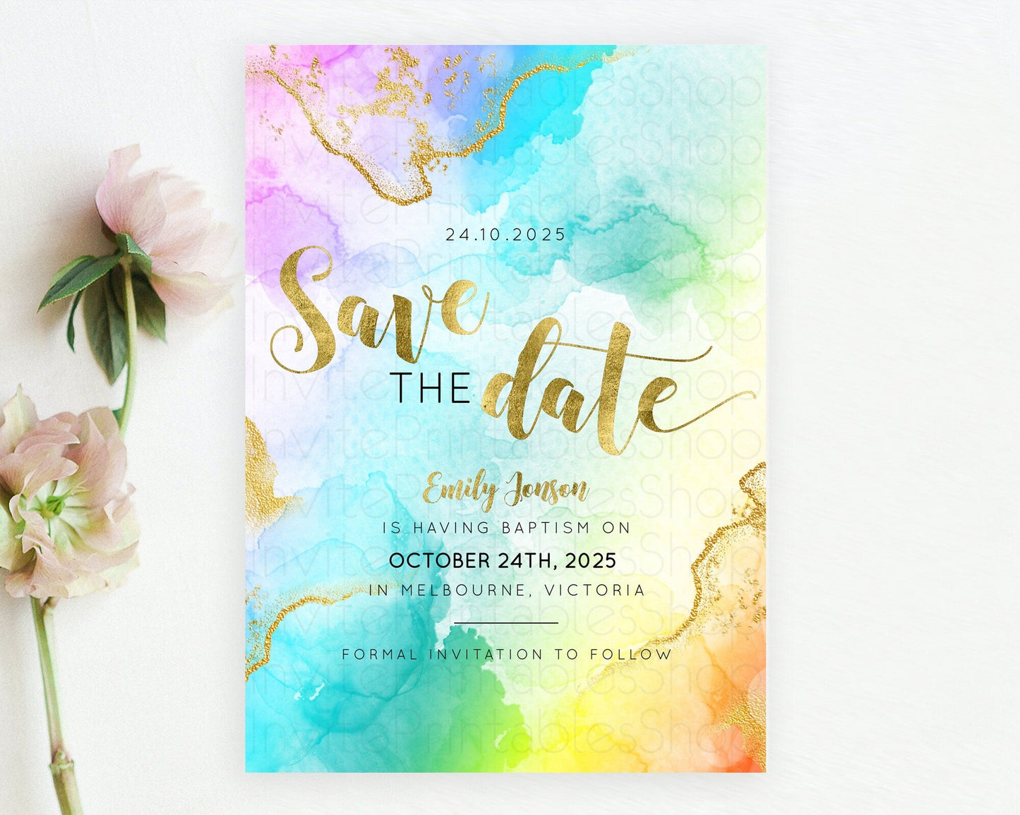 Pastel Save The Date Template Pastel Ombre Rainbow Watercolor Colorful Party For Birthday Baptism Baby Shower Wedding Bridal Shower D10392