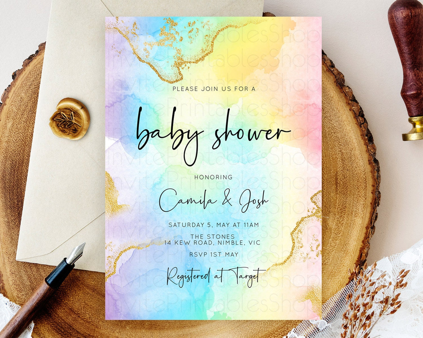 Pastel Baby Shower Invitation Rainbow Baby Shower Invitation Colorful Pastel Watercolor Invitation Gold Glitter Sprinkles Ombre D10588