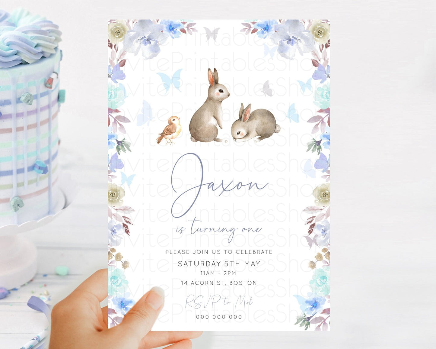 Bunny Birthday Invitation Floral Bunny Invitation Pastel Bunny Invites Pastel Watercolor Woodland Bunny Party 2nd 1st First Birthday D10927