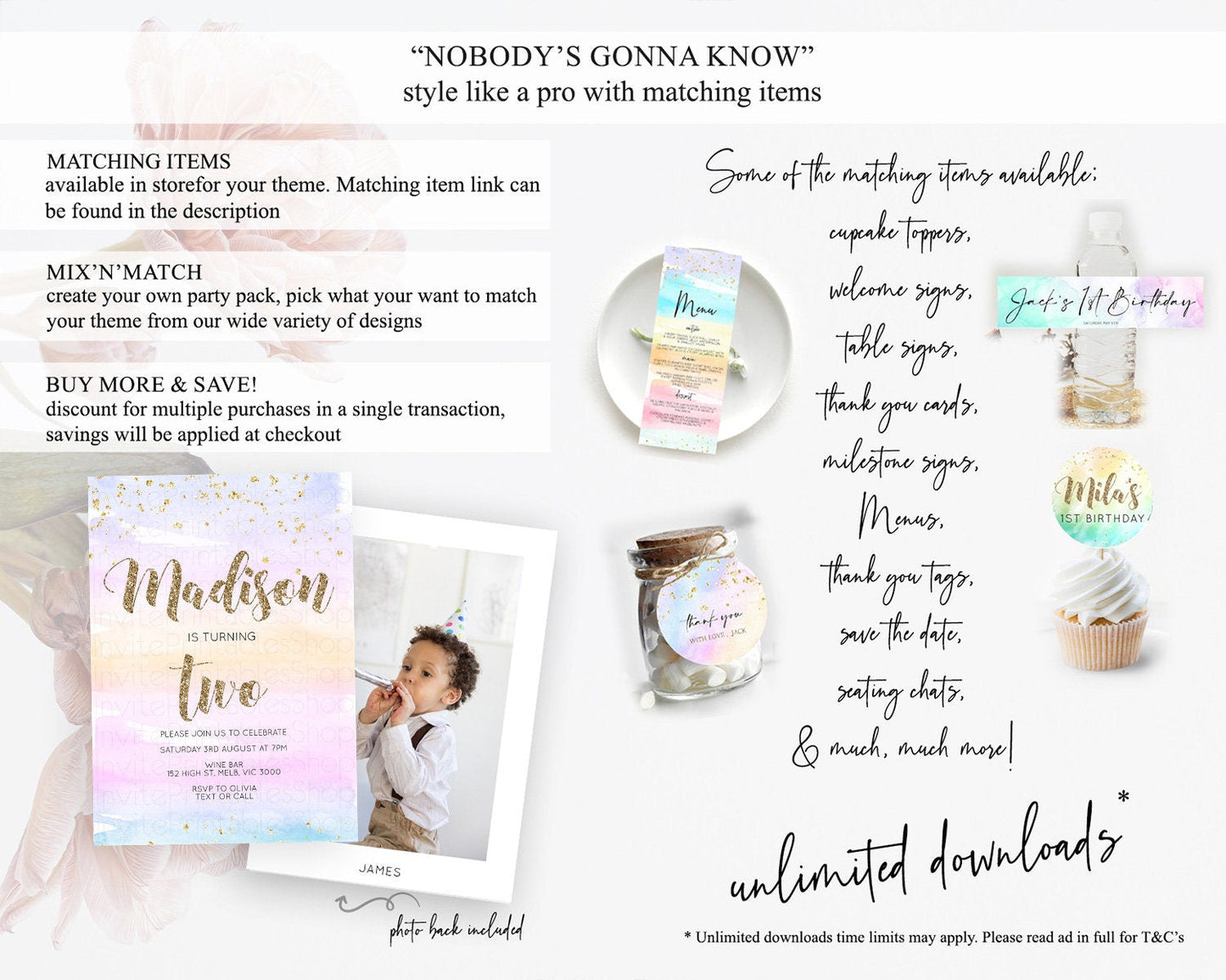 Rainbow Birthday Invitation Colorful Pastel Watercolor Invitation Gold Glitter Sprinkles Ombre Pastel 1st 2nd 3rd Birthday D10595
